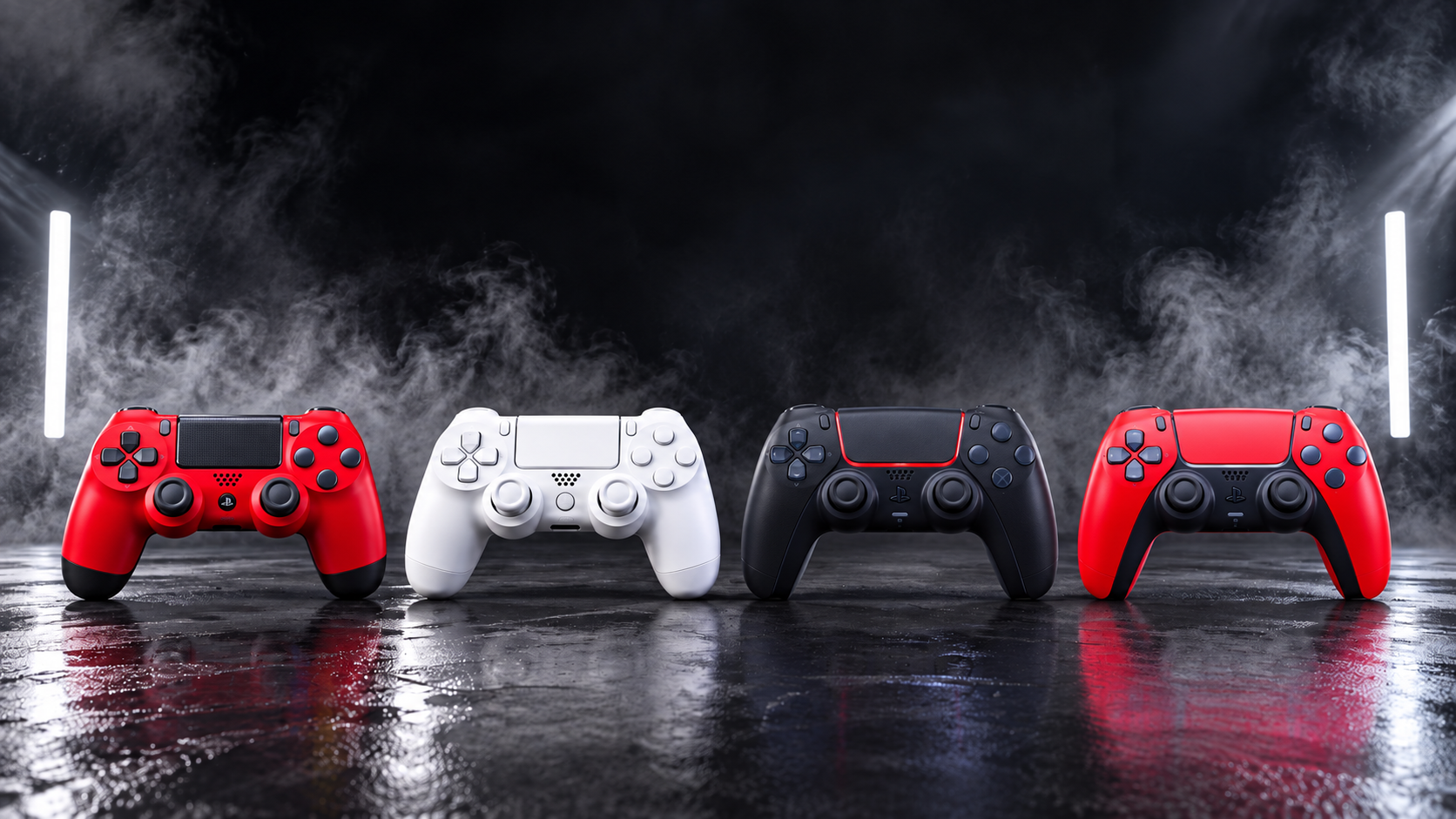 Quatre manettes PlayStation alignées dans une ambiance studio enfumée